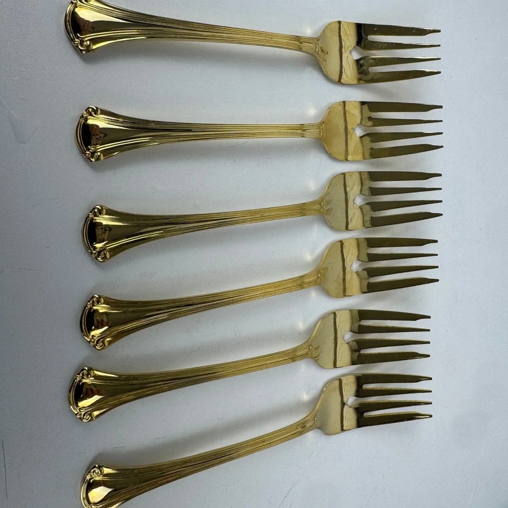 Vtg Royal Gallery Gold Plated Seafood Cocktail Forks Set 6 Japan Fluted Handle